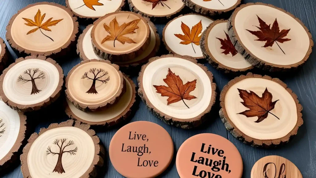 Wood Slices, Magnets, and Coasters on a table.